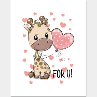 Сute cartoon giraffe with balloon & hearts love you Posters and Art